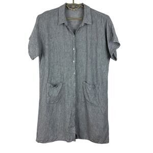 Eileen Fisher 100% Organic Linen Crinkle Shirt Dress Large White Gray lagenlook